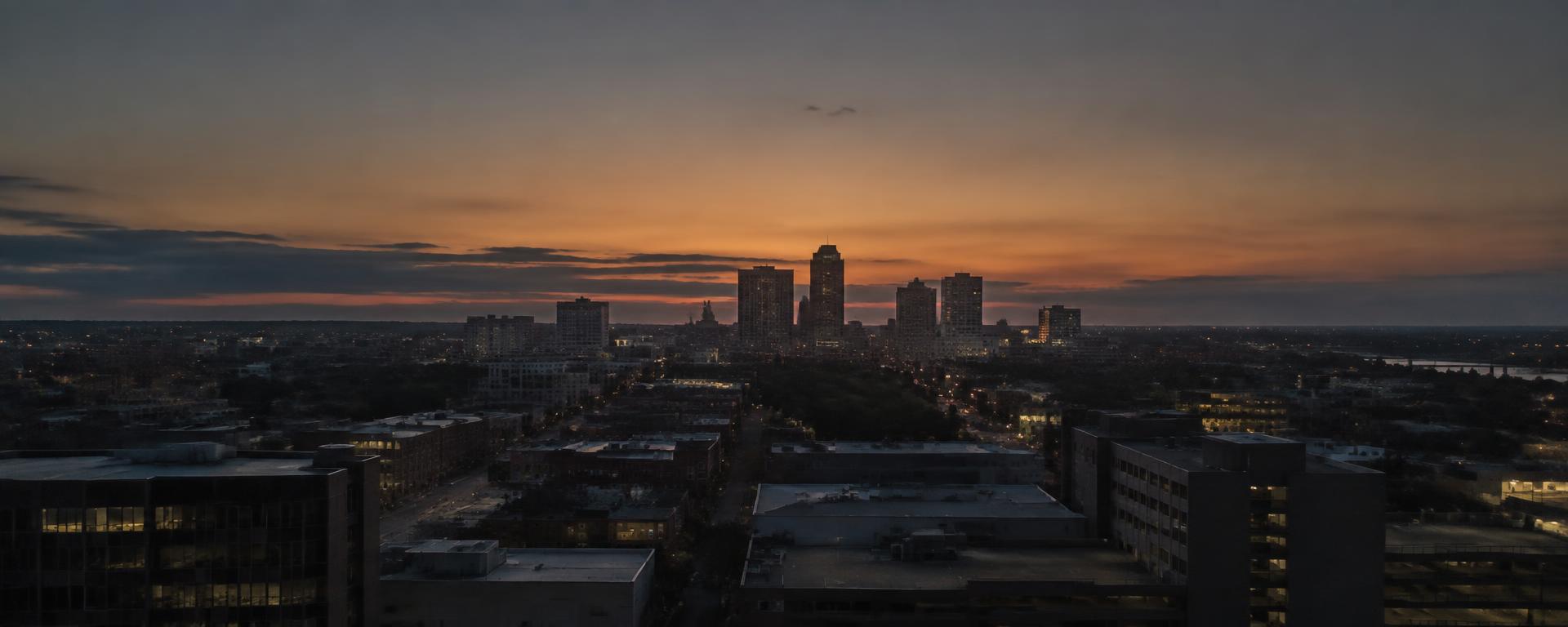 Distant city skyline at dusk seen from a high floor